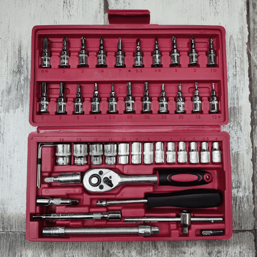 5396521990406_2370517244675844235.png JUEGO DE LLAVES, TRINQUETE REVERSIBLE, ENCHUFES, 46 PIEZAS,